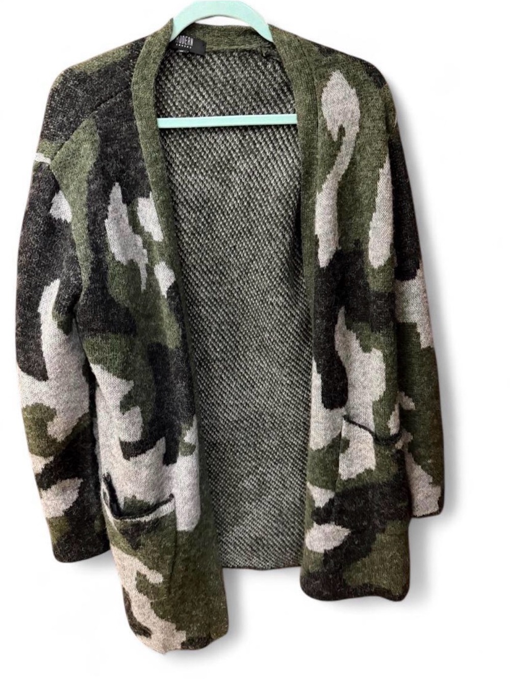 Open Front Camouflage Cardigan Sweater - Olive Green